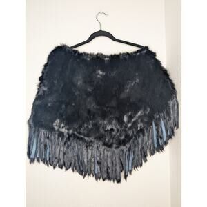 Blanc Noir Real Rabbit Luxury Fur  Black Fringe Poncho OS Mob Festival Mob Wife